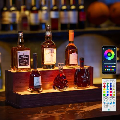 LED Lighted Liquor Bottle Display Shelf, 20 Inch Bar Display Shelf, DIY Illuminated Bottle Shelf with App & Remote Control, 2 Step Freestanding Holdin