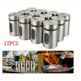 12pc Stainless Steel & Glass Spice Shakers - Premium Kitchen Essentials for Salt, Pepper & MSG, Modern Design for Indoor BBQs & Picnics, Durable Utens (Color: Silvery)
